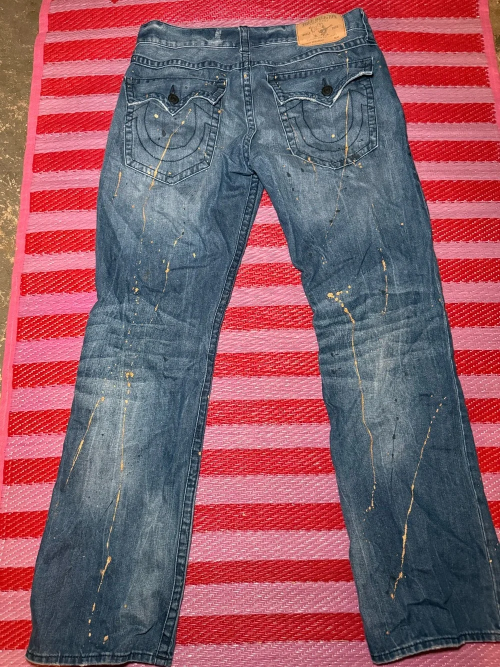 True Religion 36x34 Flap Straight Leg Paint Splatter Jeans